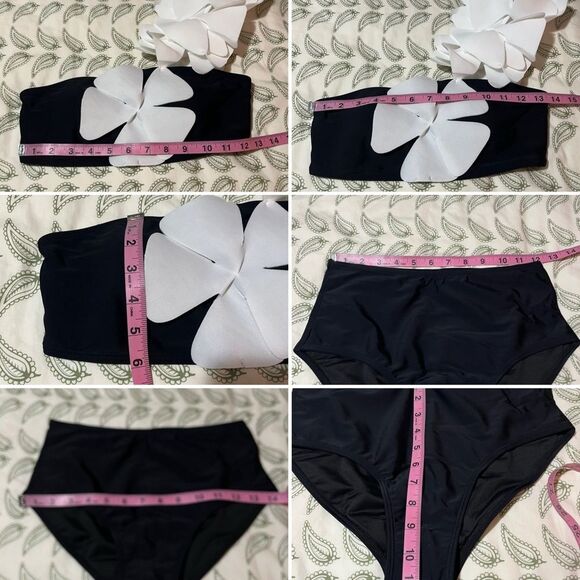 Davi & Dani One Shoulder Flower Two Piece Swim Set Black & White Bikini S NWT - Picture 12 of 12